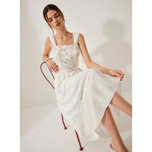 Commense Cotton Floral Lace Belted Dress (Black)